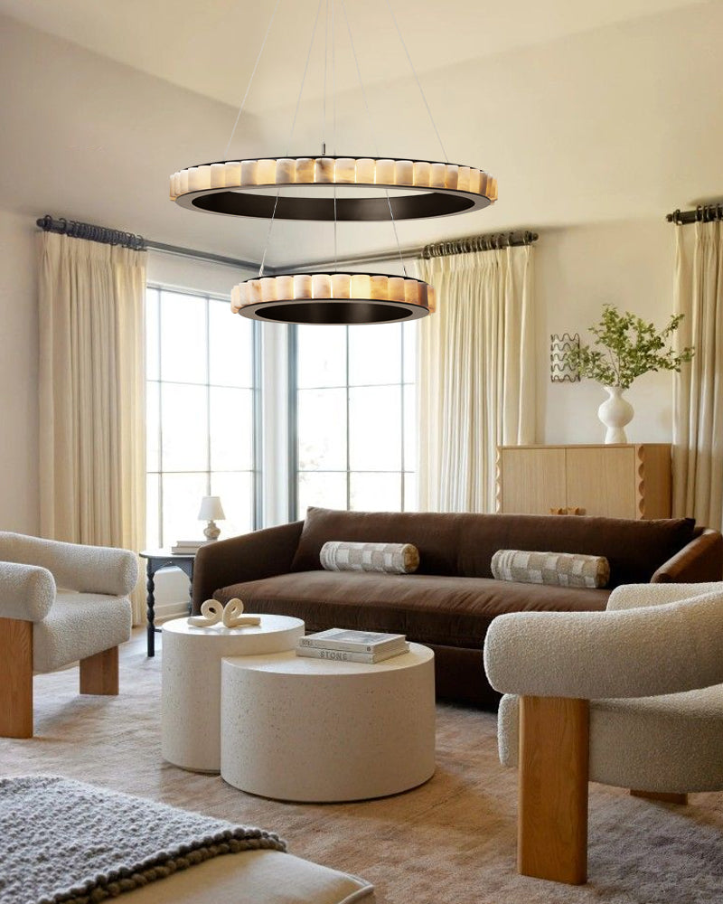 Triple Ring Alabaster Long Cord Chandelier Wide 22" 33" 49" | Brush Black/Gold Frame