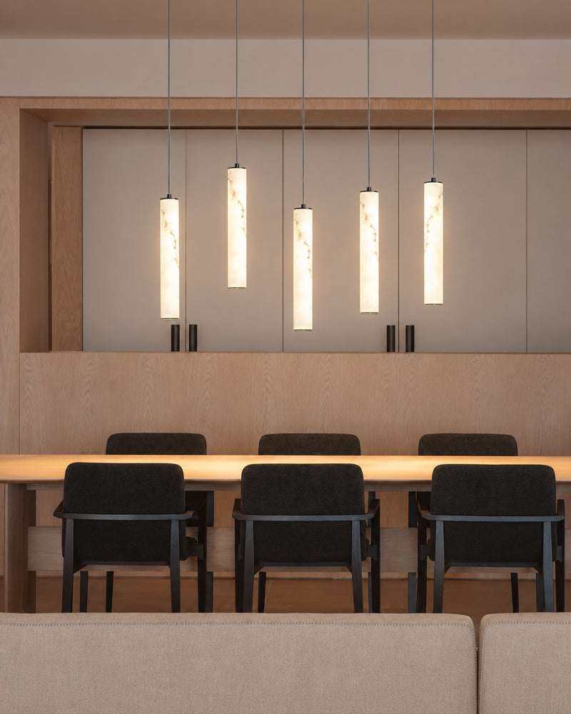 Cora Alabaster Halo Capsule Linear Cluster Pendant Light - Natural Spanish Alabaster, Lux Gold Trim - Kitchen Islands & Dining Rooms
