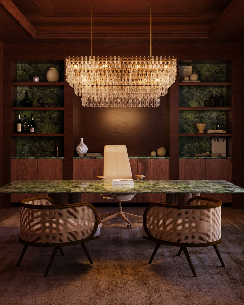 K9 Crystal Multi Tiered Concentric Glass Prism Linear Chandelier - Precision-Cut Crystal, Lux Gold Trim - Kitchen Islands & Dining Rooms