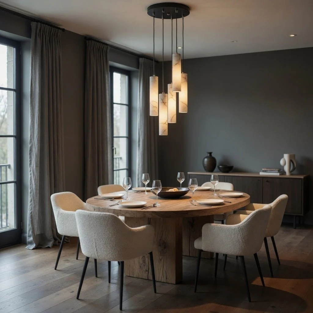 Alabaster Cylinder Rod Cluster Pendant Light - Natural Spanish Alabaster Rods, Serene Black Trim - Kitchens, Dining & Living Rooms
