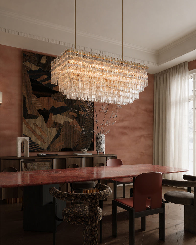 K9 Crystal Multi Tiered Concentric Glass Prism Linear Chandelier - Precision-Cut Crystal, Lux Gold Trim - Kitchen Islands & Dining Rooms