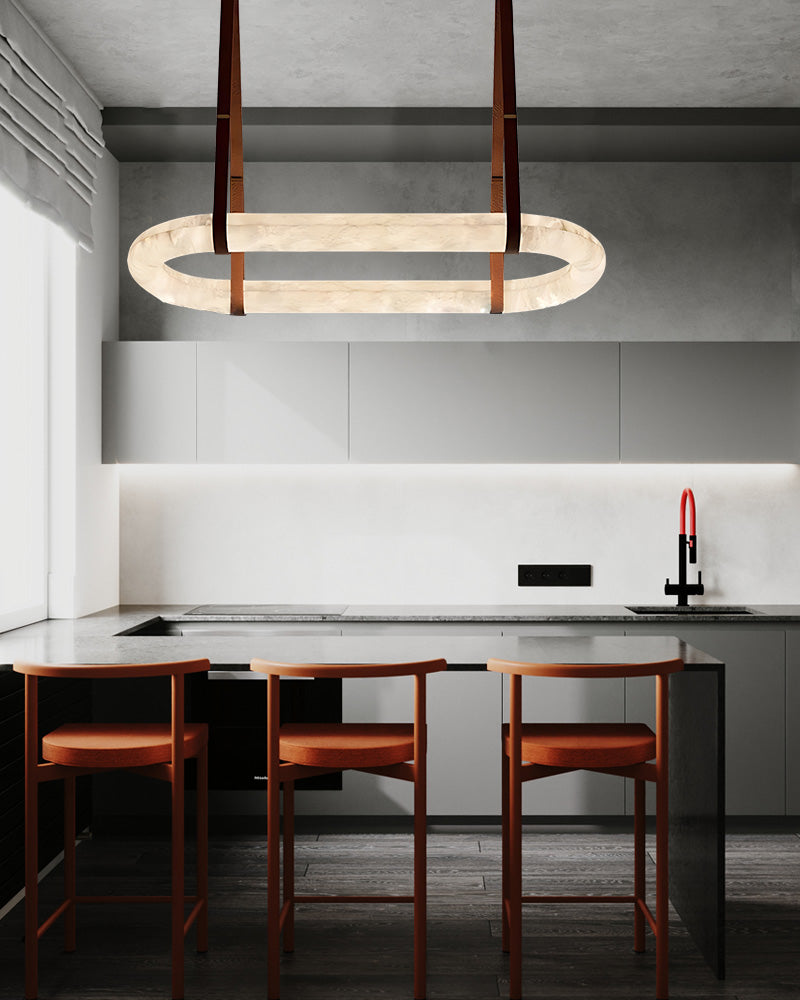 Rectangle Alabaster LED Large Pendant lamp with adjustable leather, Dia 32/40/48"