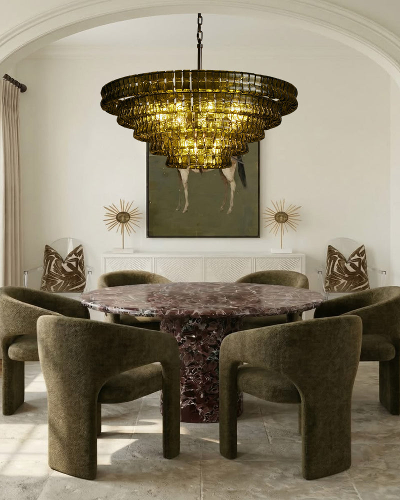 Brina Ghiaccio Murano Glass Smoked Green Cascade Pendant Light - Textured Glass, Heritage Brass Trim - Living Rooms & Dining Rooms