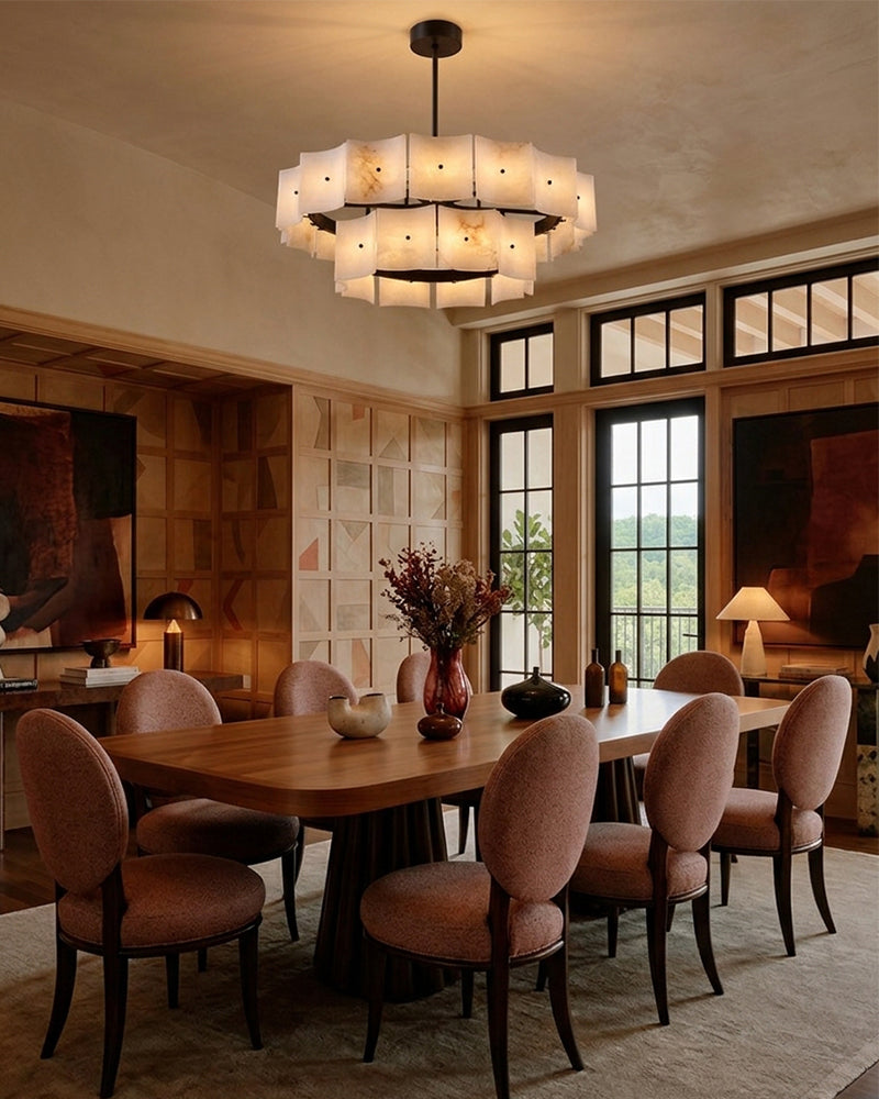 Alabaster Studded Curved Panel Double Tier Drum Chandelier - Natural Spanish Alabaster,  Serene Black Trim - Kitchen, Dining Rooms & Living Rooms