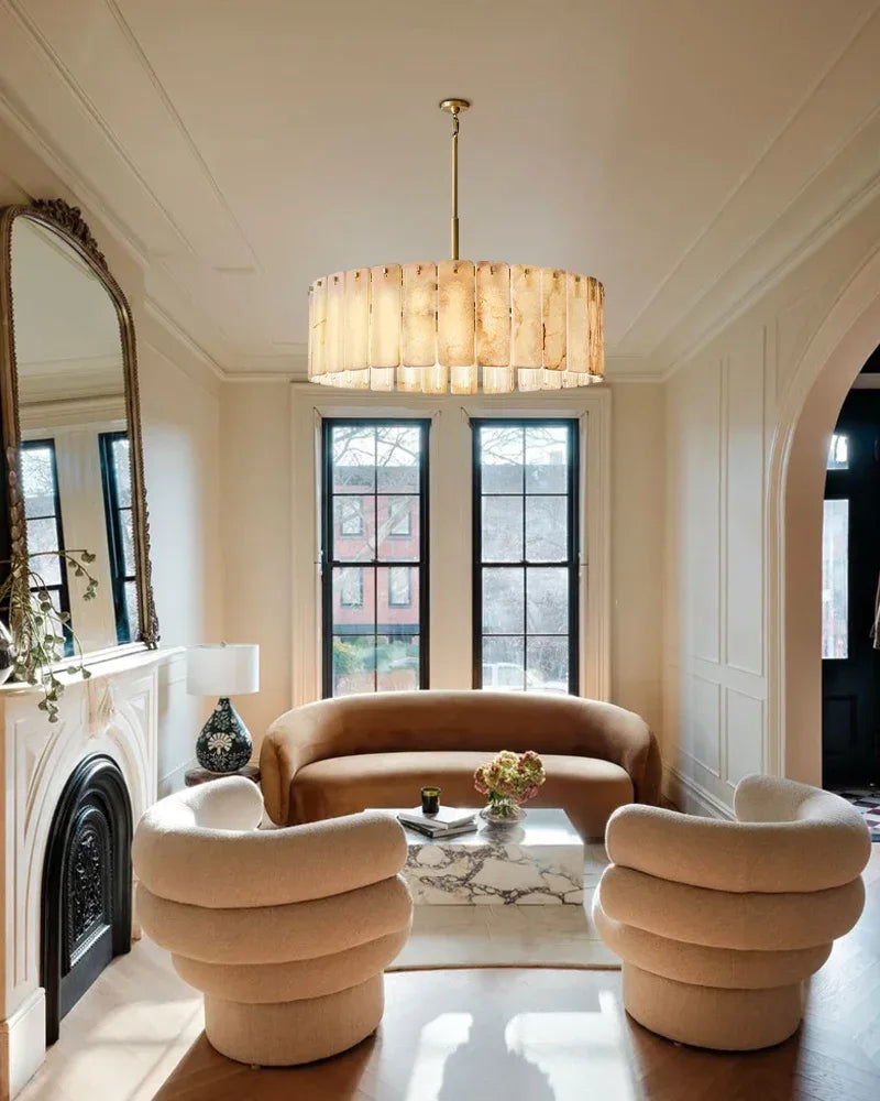 Winchester Series Geometric Chandelier | Round Handcrafted Solid Onyx Panels, Lacquered Burnished Brass for Modern Living Rooms and Dining Areas American chandelier