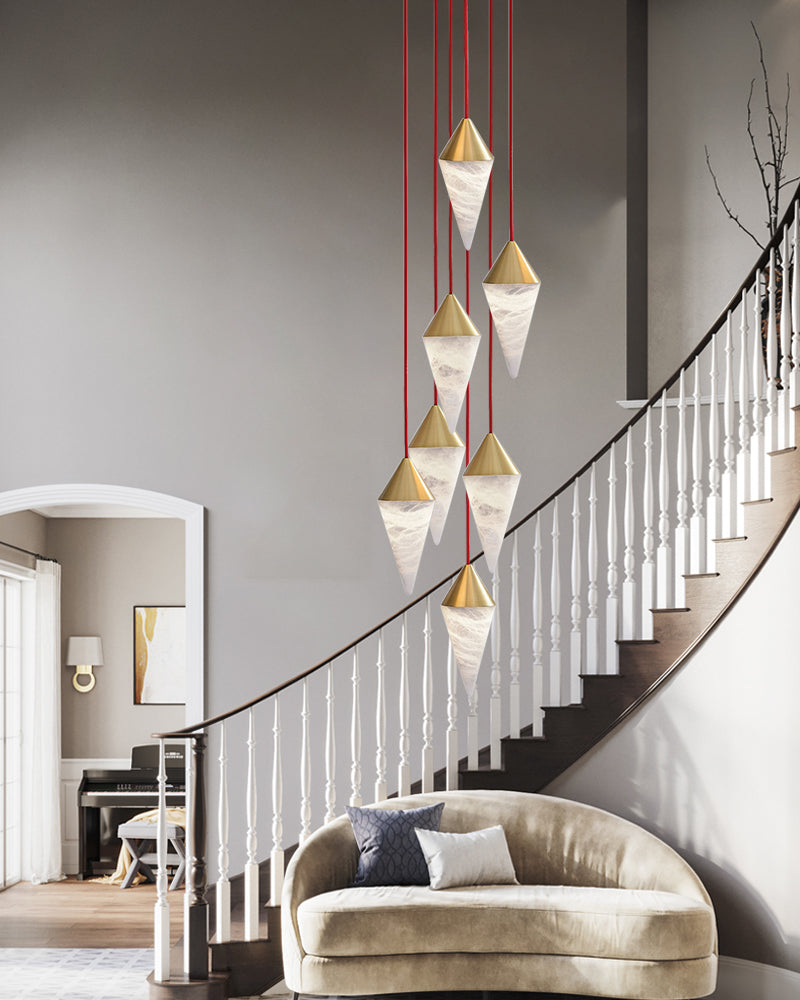 Stairwell Loft Modern Brass Conical Cluster Alabaster Pendant Light, Dia 4.3"