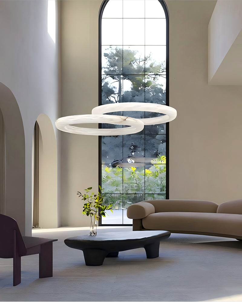 Slim Marble Double Torus Ring LED Pendant Light by 3-color-temperature dimming