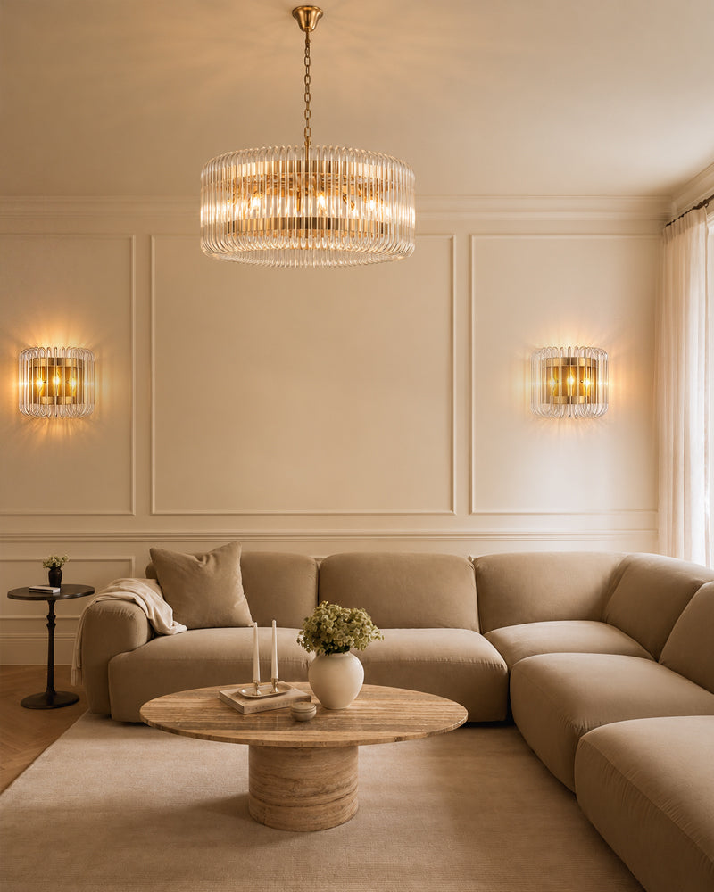 Solstice Aura Fluted Glass Round Drum Pendant Light - Lux Gold Trim - Living Rooms & Dining Rooms