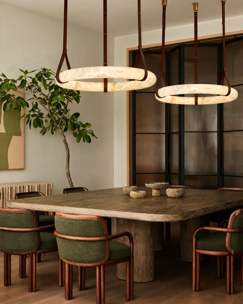 Alabaster Torus Halo Ring Leather Strap Canopy Pendant Light - Natural Spanish Alabaster, Organic Leather Trim - Kitchens, Dining & Living Rooms