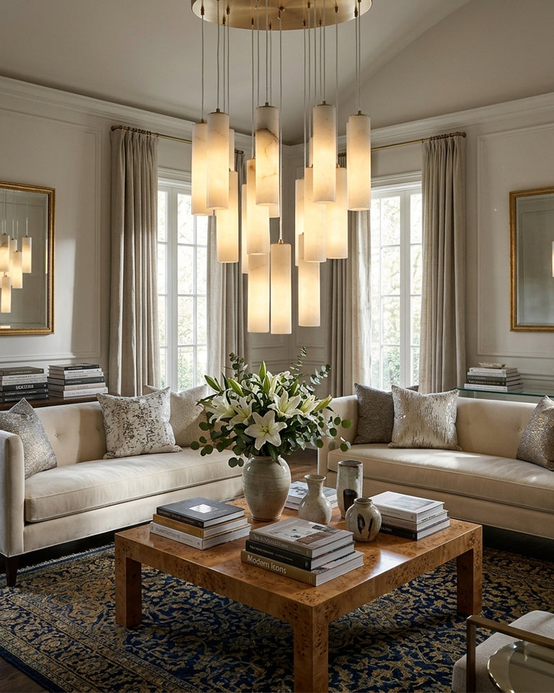 Alabaster Cylinder Rod Cluster Pendant Light - Natural Spanish Alabaster Rods, Serene Black Trim - Kitchens, Dining & Living Rooms
