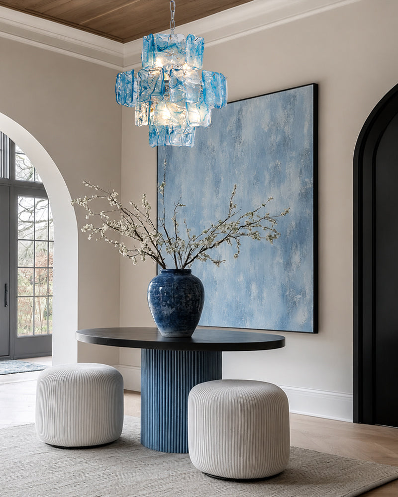 Murano Glass Azure Blue Circular Prism Multi Tiered Waterfall Chandelier - Handblown Glass, Brass Trim - Living Rooms, Dining Rooms & Bedrooms