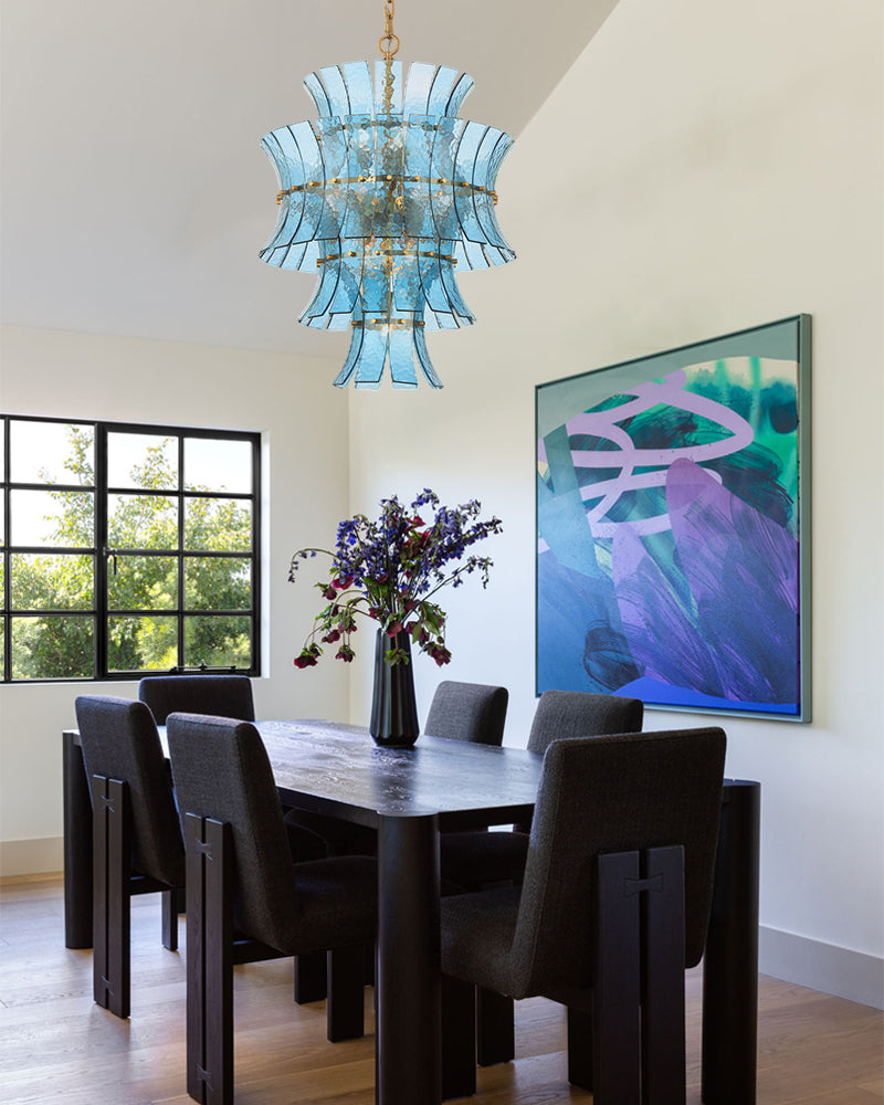 Ghiaccio Glass Azure Blue Cascade Multi Tiered Waterfall Chandelier - Heritage Brass Trim - Living Room & Dining Room