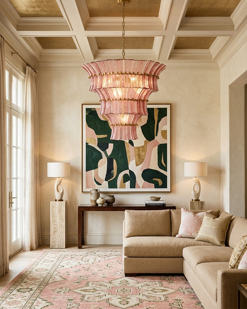 Ghiaccio Glass Blush Pink Prism Multi Tiered Waterfall Chandelier - Heritage Brass Trim - Living Room & Dining Room