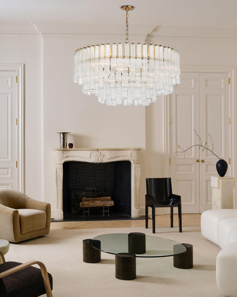 Modern Glass Rod Brass/Chrome Lorelei Waterfall Round Tiered Chandelier