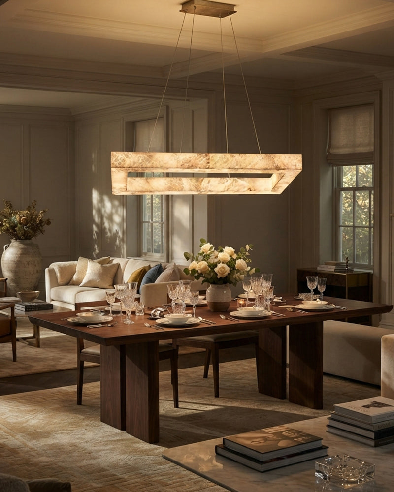 Alabaster Hollow Rectangular Halo Frame Suspended Linear Pendant Light - Natural Spanish Alabaster, Lux Gold Trim - Kitchens, Dining & Living Rooms