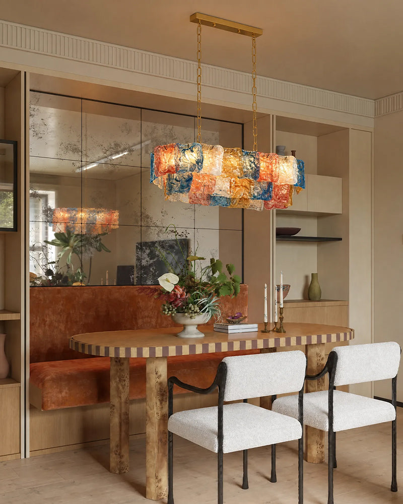 Chiara Murano Glass Contemporary Tri Tone Linear Chandelier - Lux Gold Trim - Kitchen Islands & Dining Rooms