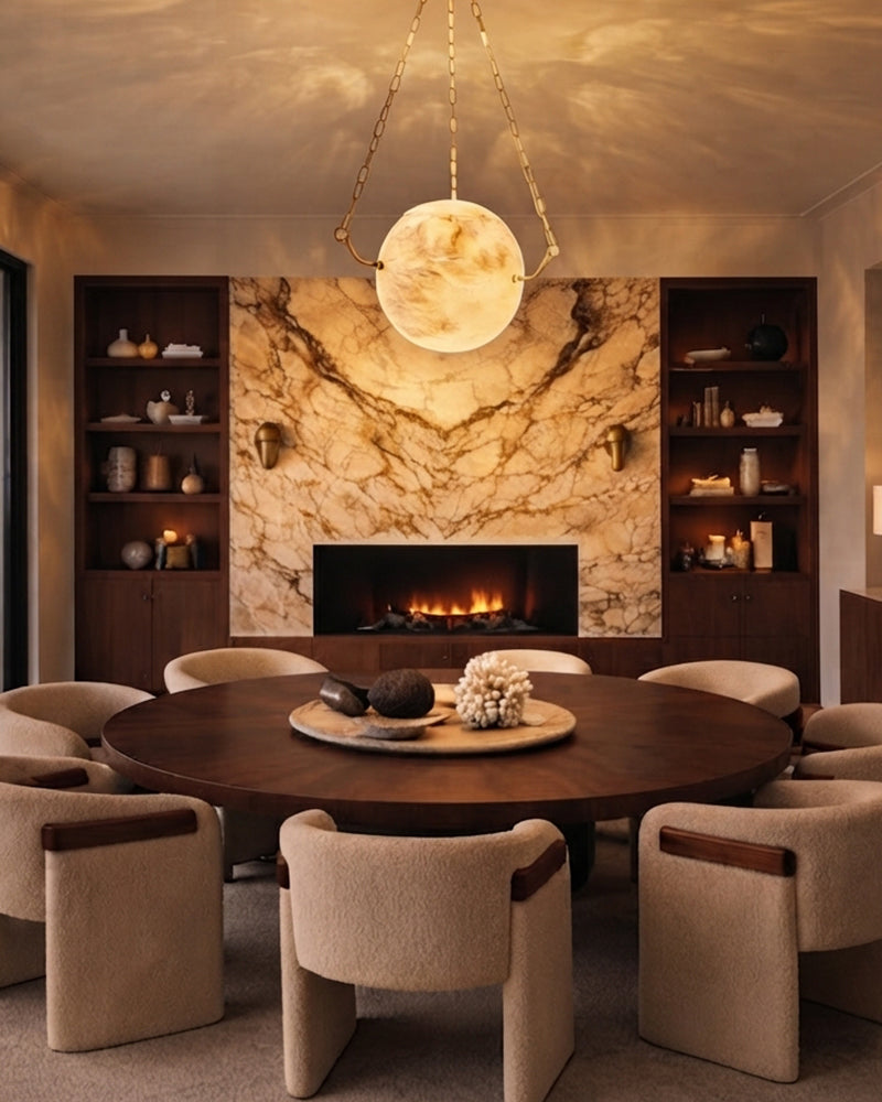 Alabaster Moon Globe Suspended Sphere Pendant Light - Natural Spanish Alabaster, Heritage Brass Trim - Kitchens, Dining & Living Rooms