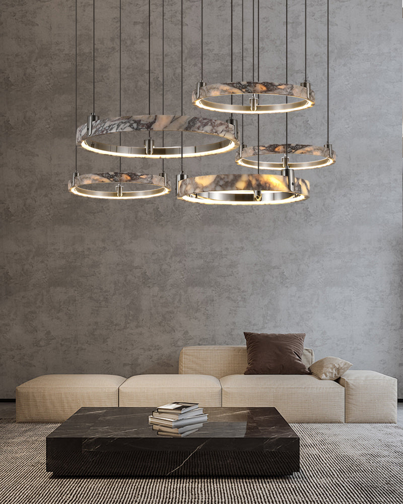 Luxury LED Double/Triple Ring Circle Marble Chandelier Aged Brass/Black Frame American chandelier