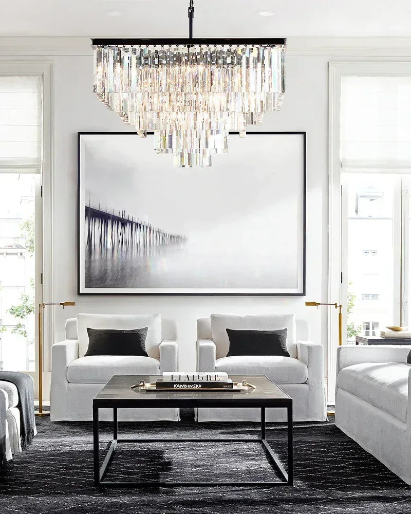 LightsStory Series Cascading Chandelier | Seven Tier Crystal Fringe Precision-cut clear triangular crystal rods and sturdy iron frame, Brushed Gold finish for Grand Foyers and Dining Rooms American chandelier