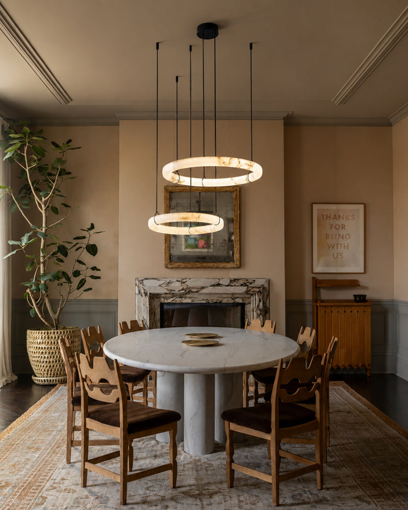 Alabaster Circular Halo Ring Cradled Arch Pendant Light - Natural Spanish Alabaster Rings, Serene Black Trim - Kitchens, Dining & Living Rooms