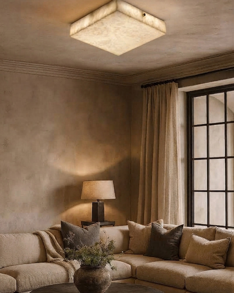 Alabaster Low Profile Square Ceiling Light - Natural Spanish Alabaster Ultra Slim, Flush Mount - Bedrooms, Hallways, Bathrooms & Living Rooms