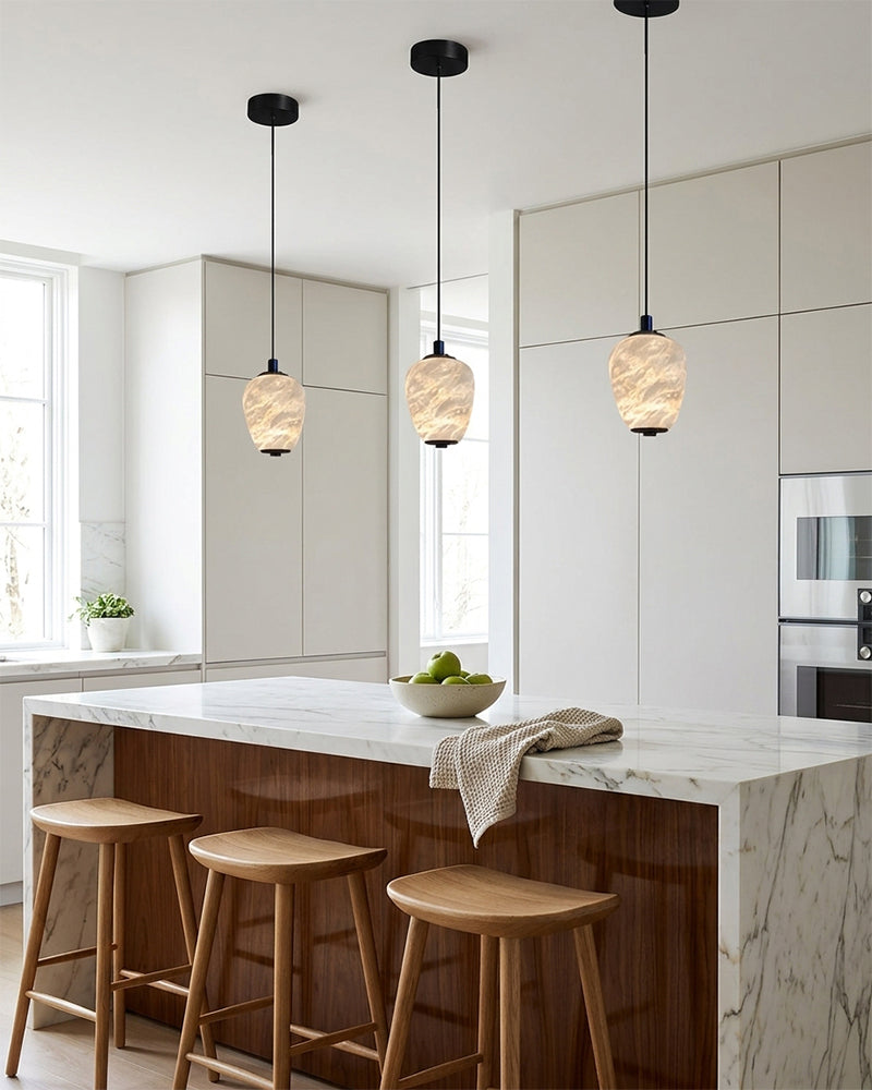 Alabaster Linear Totem Pendant Light - Natural Spanish Alabaster, Serene Matte Trim - Kitchen Islands & Dining Rooms