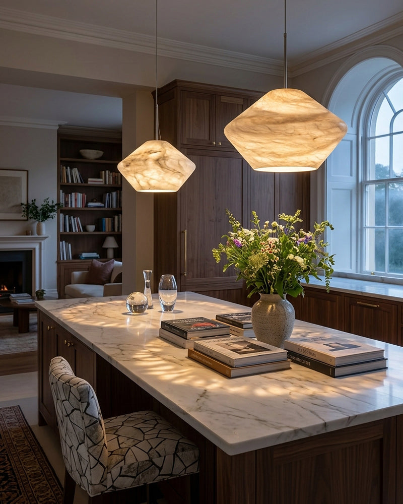 Alabaster Sculptural Organic Tapered Orb Pendant Light - Natural Spanish Alabaster, Serene White Trim - Kitchens, Dining & Living Rooms