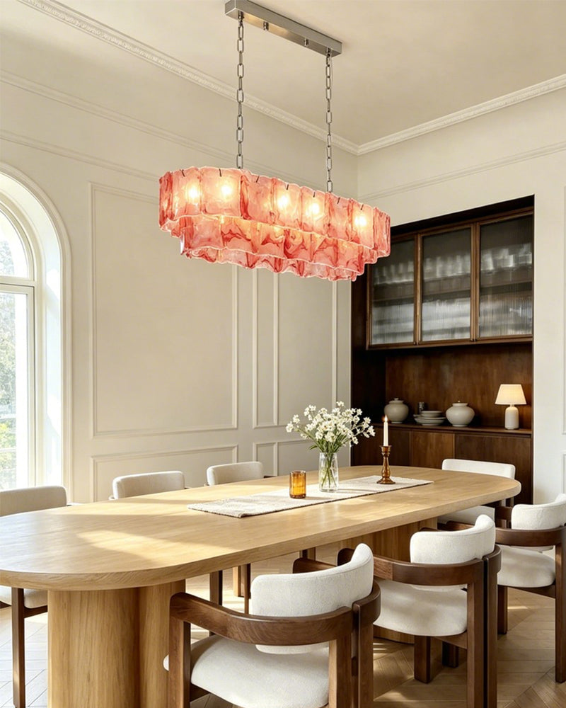 Chiara Murano Glass Contemporary Blush Pink Panel Linear Chandelier - Lux Gold Trim - Kitchen Islands & Dining Rooms