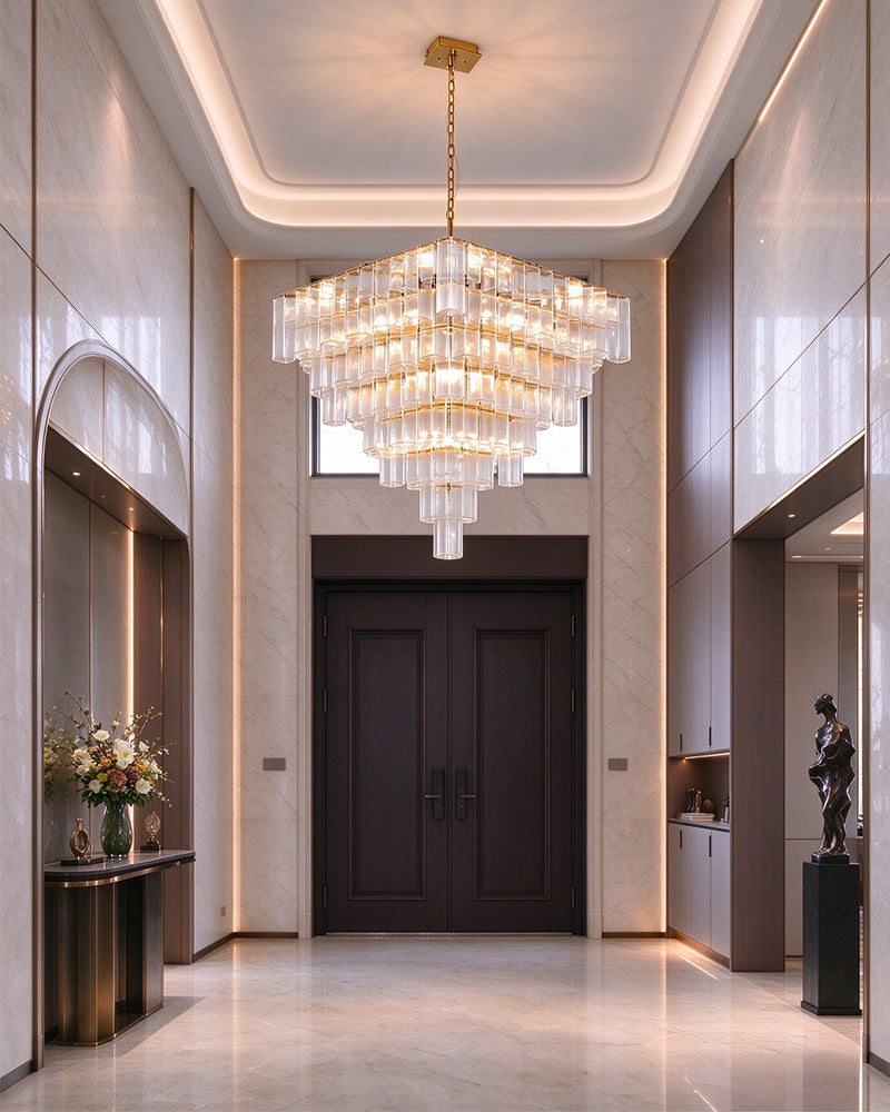 Parisian Cascading Waterfall Crystal Ghiaccio Prism Chandelier - Textured Glass, Lux Gold Trim - Living Rooms, Bedrooms, Dining Rooms