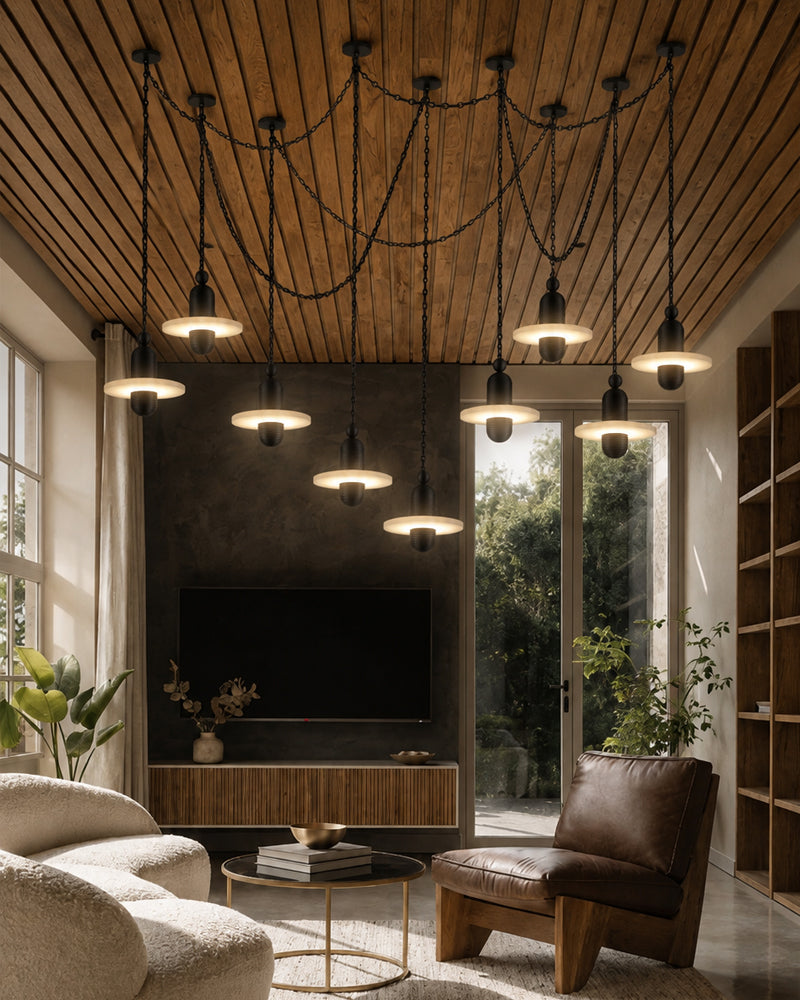 Alabaster Dual Tier Stacked Halo Disc Cluster Pendant Light - Natural Spanish Alabaster, Serene Black Trim - Kitchen Islands & Dining Rooms