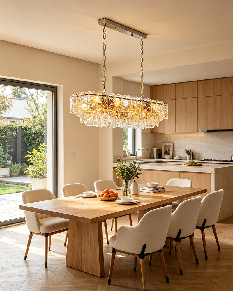 Chiara Murano Glass Contemporary Ghiaccio Panel Linear Chandelier - Lux Gold Trim - Kitchen Islands & Dining Rooms