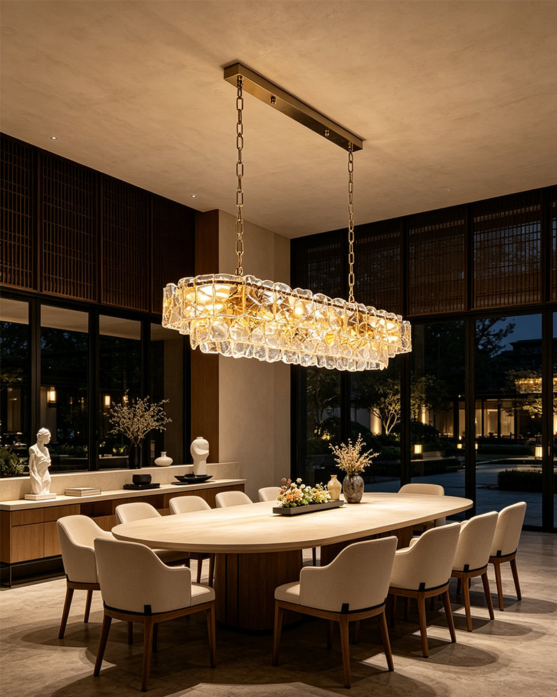 Chiara Murano Glass Contemporary Ghiaccio Panel Linear Chandelier - Lux Gold Trim - Kitchen Islands & Dining Rooms