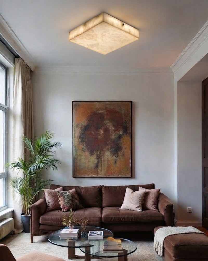 Alabaster Low Profile Square Ceiling Light - Natural Spanish Alabaster Ultra Slim, Flush Mount - Bedrooms, Hallways, Bathrooms & Living Rooms