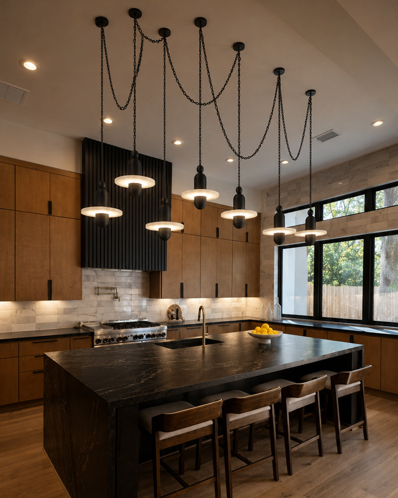 Alabaster Dual Tier Stacked Halo Disc Cluster Pendant Light - Natural Spanish Alabaster, Serene Black Trim - Kitchen Islands & Dining Rooms
