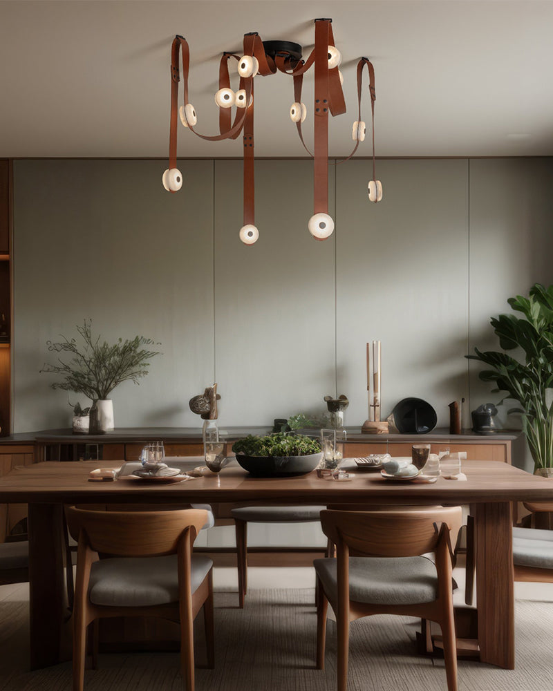 LED Mini SNAPS Module Ceiling Alabaster Pendant Light with Brown Leather Straps