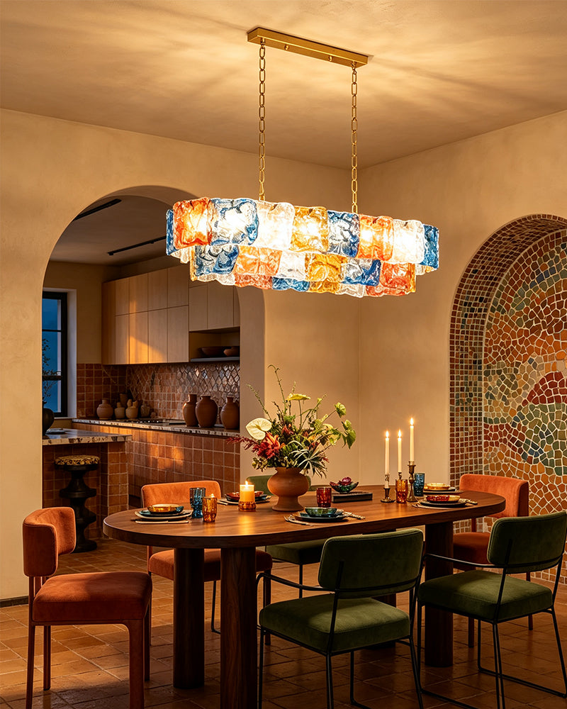 Chiara Murano Glass Contemporary Tri Tone Linear Chandelier - Lux Gold Trim - Kitchen Islands & Dining Rooms