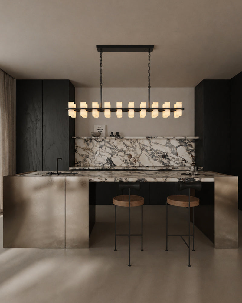 Alabaster Dual Cylinder Candle Column Linear Chandelier - Natural Spanish Alabaster, Heritage Brass Trim - Kitchen Islands & Dining Rooms