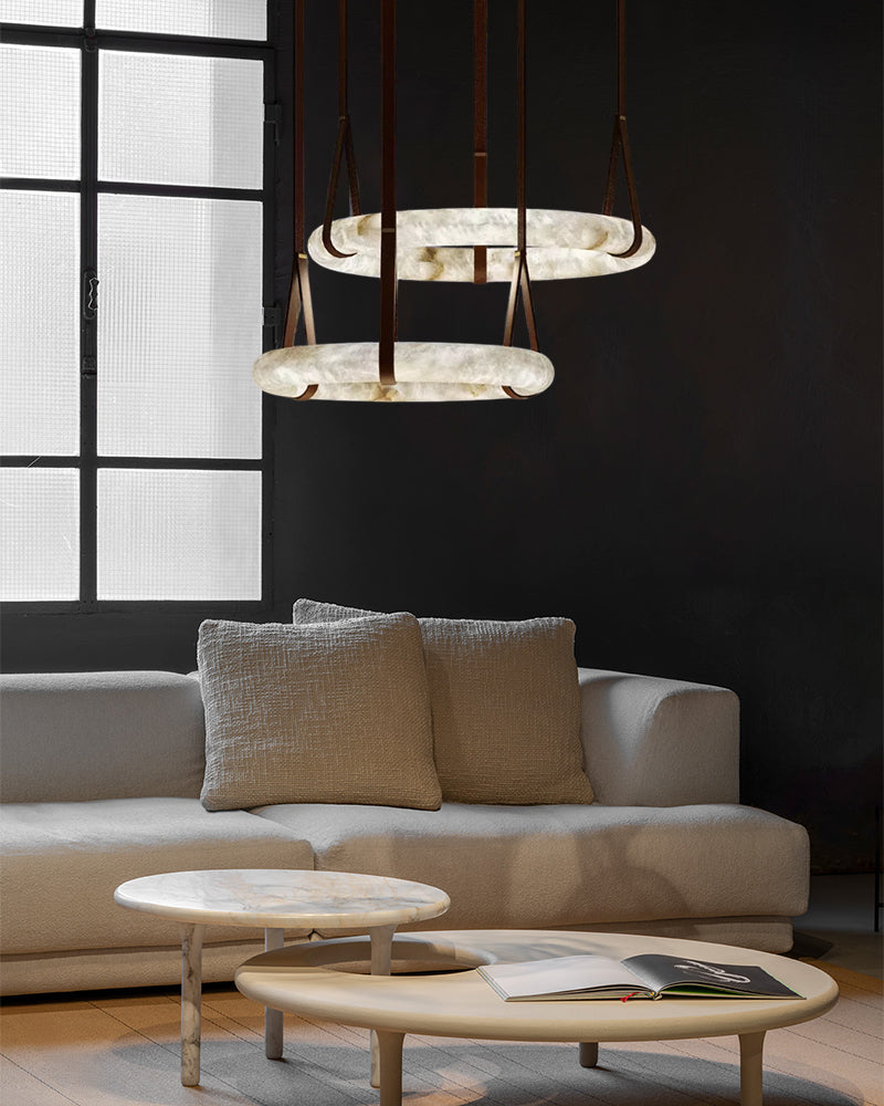 Alabaster Torus Halo Ring Leather Strap Canopy Pendant Light - Natural Spanish Alabaster, Organic Leather Trim - Kitchens, Dining & Living Rooms