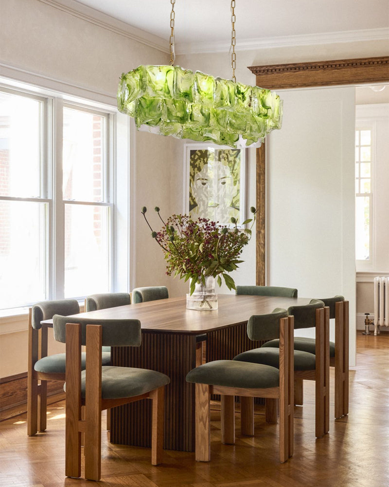 Chiara Murano Glass Contemporary Citrus Green Panel Linear Chandelier - Lux Gold Trim - Kitchen Islands & Dining Rooms
