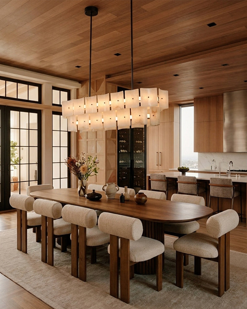 Alabaster Studded Curved Panel Double Tier Oval Chandelier - Natural Spanish Alabaster,  Serene Black Trim - Kitchen, Dining Rooms & Living Rooms