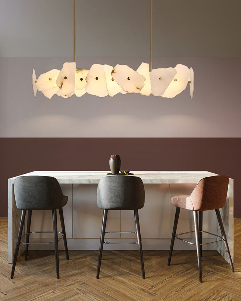 Alabaster Organic Geometric Cloud Linear Chandelier  - Natural Spanish Alabaster, Lux Gold Trim - Kitchen Islands & Dining Rooms