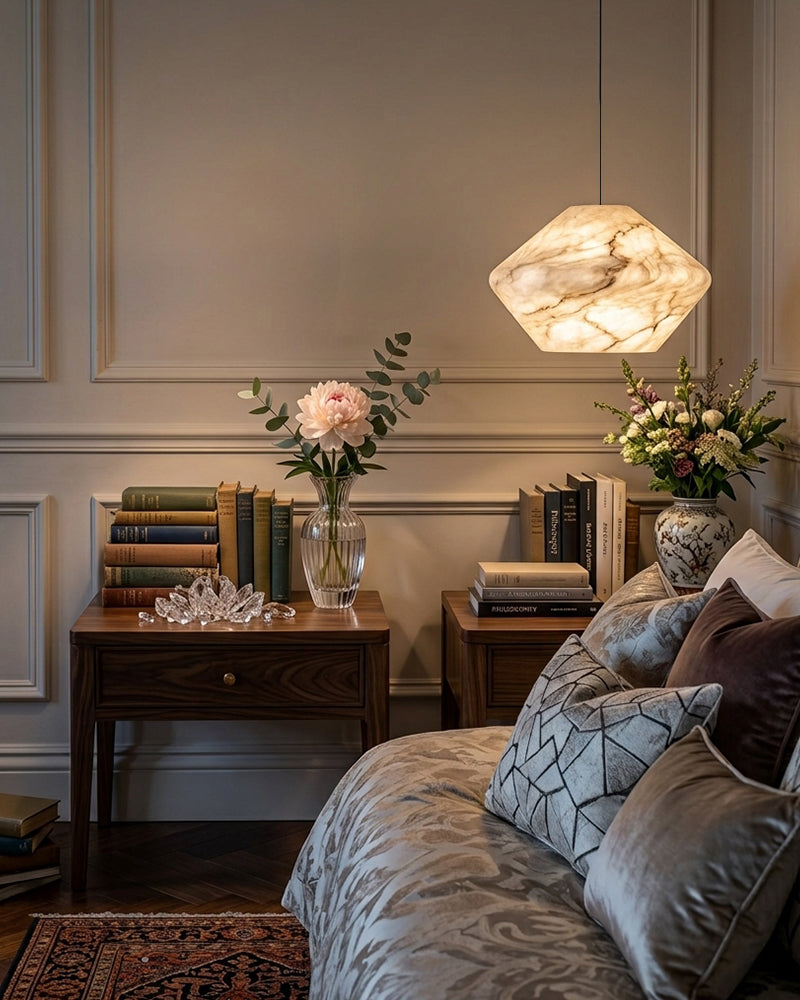 Alabaster Sculptural Organic Tapered Orb Pendant Light - Natural Spanish Alabaster, Serene White Trim - Kitchens, Dining & Living Rooms