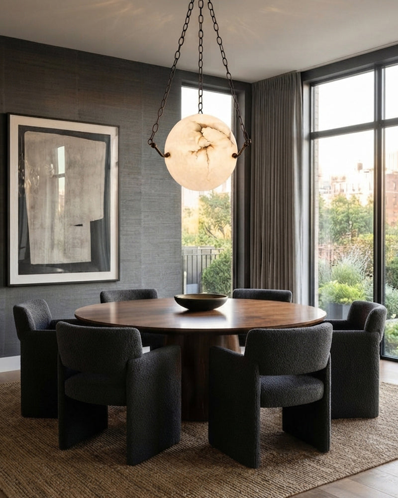 Alabaster Moon Globe Suspended Sphere Pendant Light - Natural Spanish Alabaster, Heritage Brass Trim - Kitchens, Dining & Living Rooms