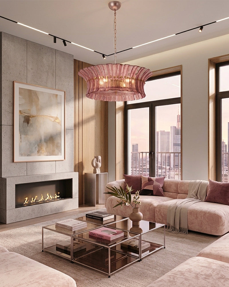 Ghiaccio Glass Blush Pink Prism Multi Tiered Waterfall Chandelier - Heritage Brass Trim - Living Room & Dining Room