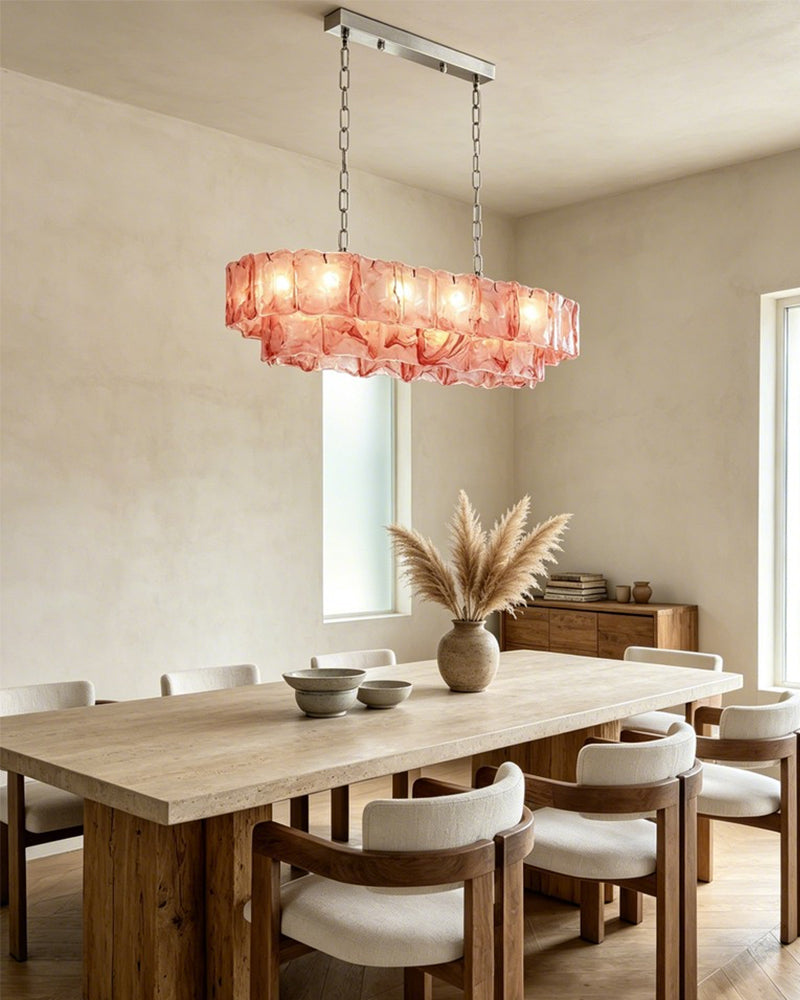 Chiara Murano Glass Contemporary Blush Pink Panel Linear Chandelier - Lux Gold Trim - Kitchen Islands & Dining Rooms