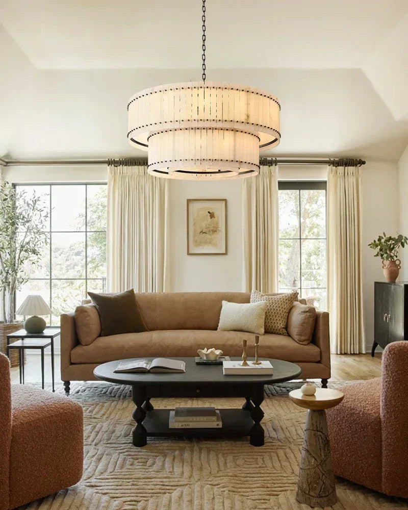 Val d’Isère Series Architectural Chandelier | Double Tier Drum Hand-carved alabaster panels with durable steel frame, Mid-century steel finish for Dining rooms, foyers, or offices American Vintage chandelier lamp