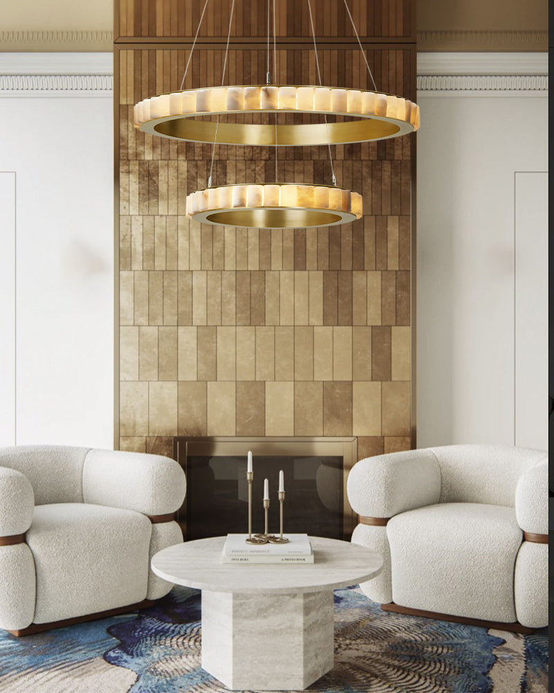 Triple Ring Alabaster Long Cord Chandelier Wide 22" 33" 49" | Brush Black/Gold Frame