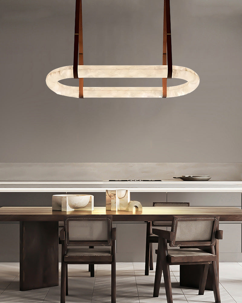 Rectangle LED pendant lamp above dining table, modern home decor