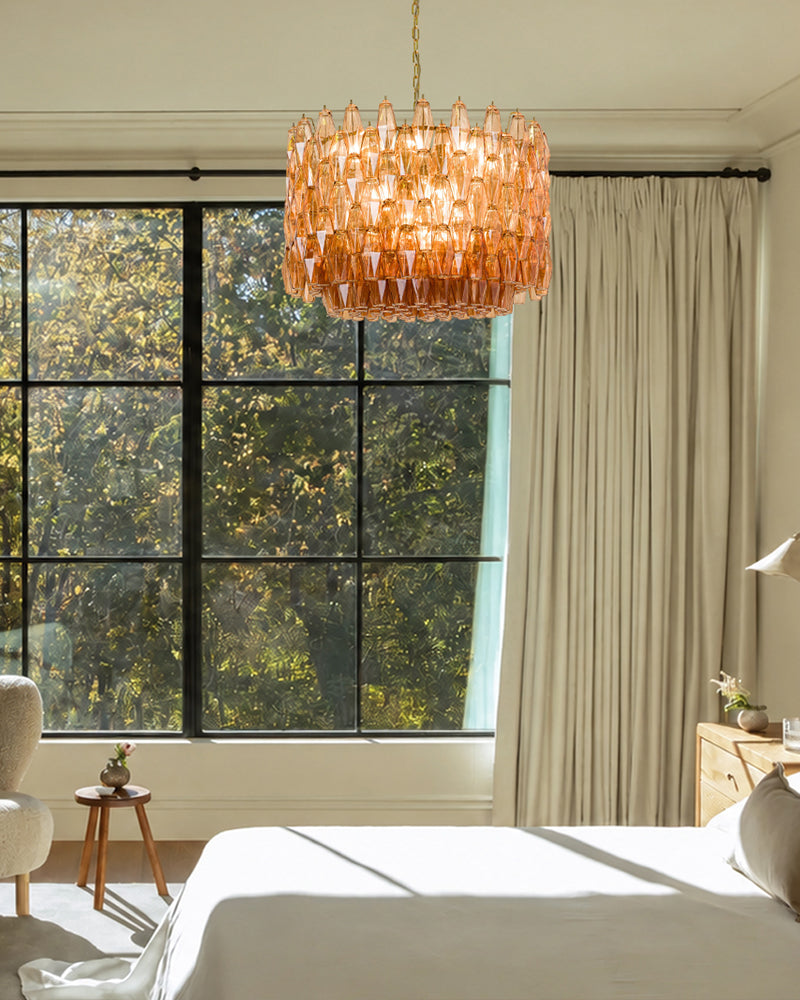 Cortina Murano Glass Pink Blush Prism Drum Chandelier - Hand-Blown Murano Glass, Custom, Lux Gold Trim - Living Rooms, Bedrooms, Dining Rooms