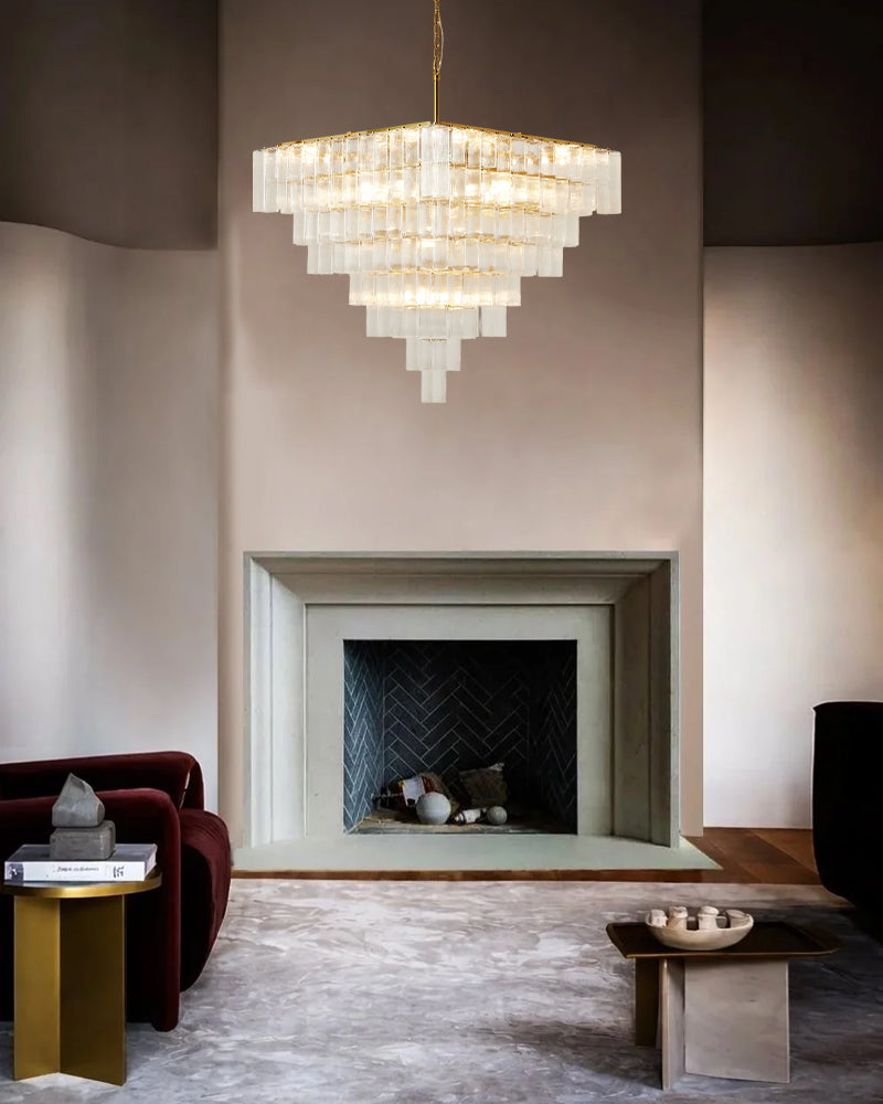 Parisian Cascading Waterfall Crystal Ghiaccio Prism Chandelier - Textured Glass, Lux Gold Trim - Living Rooms, Bedrooms, Dining Rooms